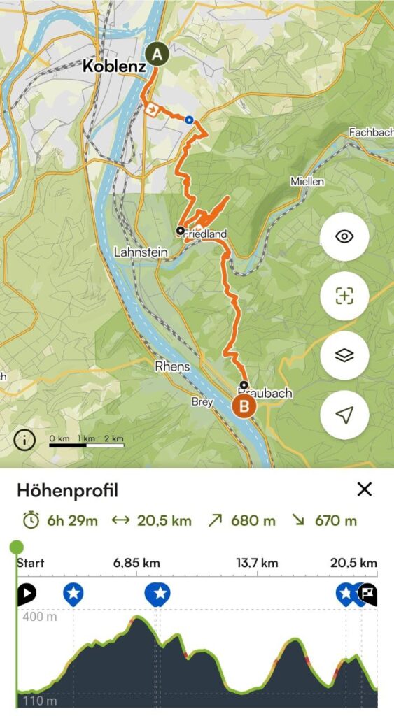Rheinsteig auf Komoot, Etappe 9 von Ehrenbreitstein nach Braubach
